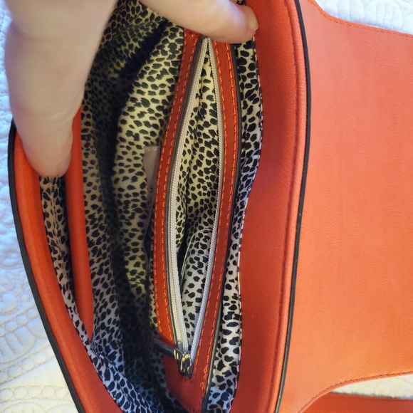 Small Satchel bag orange with leopard print lining. Great condition.  9" x 8" - Picture 3 of 7